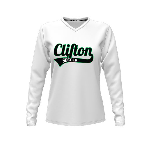 [CUS-DFW-TEES-CMF-VNK-LSL-WHT-FYXS-LOGO2] Comfort T-Shirt (Female Youth XS, White, V Neck, Logo 2, Long Sleeve)