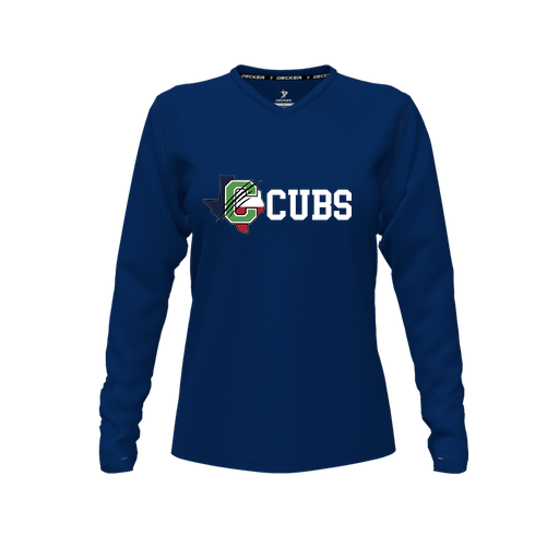 [CUS-DFW-TEES-CMF-VNK-LSL-NVY-FYXS-LOGO3] Decker Comfort T-Shirt (Female Youth XS, Navy, V Neck, Logo 3, Long Sleeve)