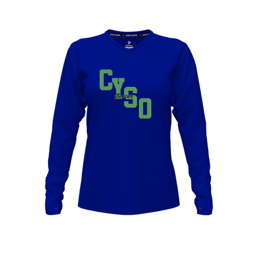 [CUS-DFW-TEES-CMF-VNK-LSL-RYL-FYXS-LOGO1] Decker Comfort T-Shirt (Female Youth XS, Royal, V Neck, Logo 1, Long Sleeve)