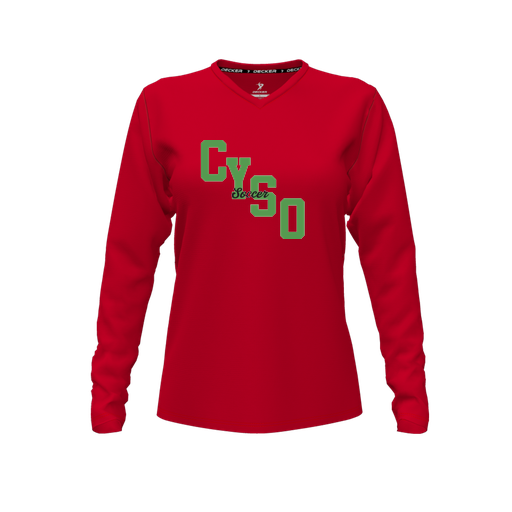 [CUS-DFW-TEES-CMF-VNK-LSL-RED-FYXS-LOGO1] Comfort T-Shirt (Female Youth XS, Red, V Neck, Logo 1, Long Sleeve)