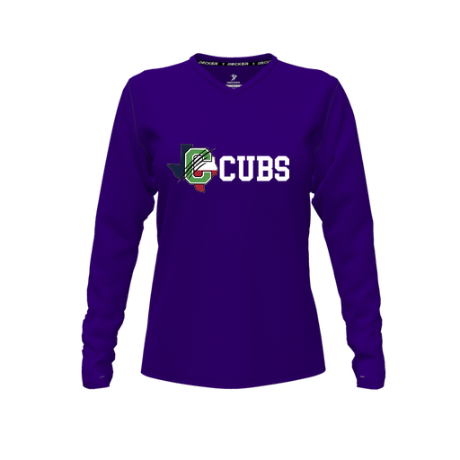 [CUS-DFW-TEES-CMF-VNK-LSL-PUR-FYXS-LOGO3] Decker Comfort T-Shirt (Female Youth XS, Purple, V Neck, Logo 3, Long Sleeve)