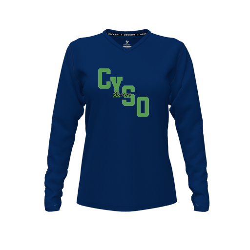 [CUS-DFW-TEES-PER-VNK-LSL-NVY-FYXS-LOGO1] Performance T-Shirt (Female Youth XS, Navy, V Neck, Logo 1, Long Sleeve)