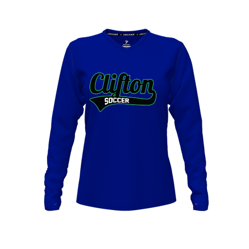 [FTLVPTRY-FYXS-LOGO2] Decker Performance T-Shirt (Female Youth XS, Royal, V Neck, Logo 2, Long Sleeve)