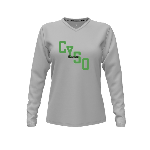 [CUS-DFW-TEES-PER-VNK-LSL-GRY-FYXS-LOGO1] Decker Performance T-Shirt (Female Youth XS, Gray, V Neck, Logo 1, Long Sleeve)