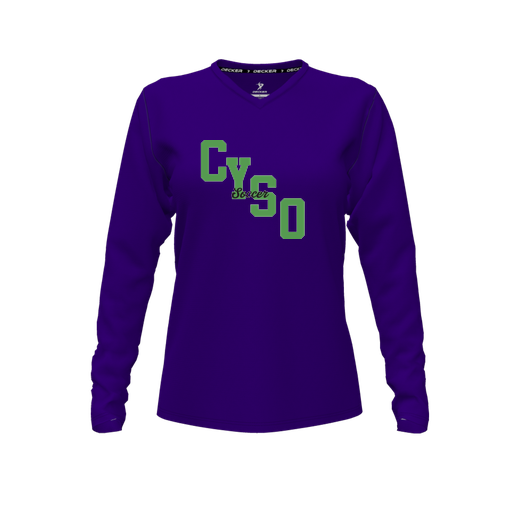 [CUS-DFW-TEES-PER-VNK-LSL-PUR-FYXS-LOGO1] Performance T-Shirt (Female Youth XS, Purple, V Neck, Logo 1, Long Sleeve)
