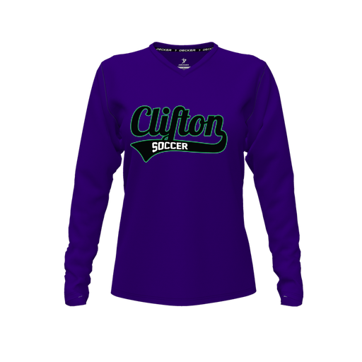 [CUS-DFW-TEES-CMF-VNK-LSL-PUR-FYXS-LOGO2] Decker Comfort T-Shirt (Female Youth XS, Purple, V Neck, Logo 2, Long Sleeve)